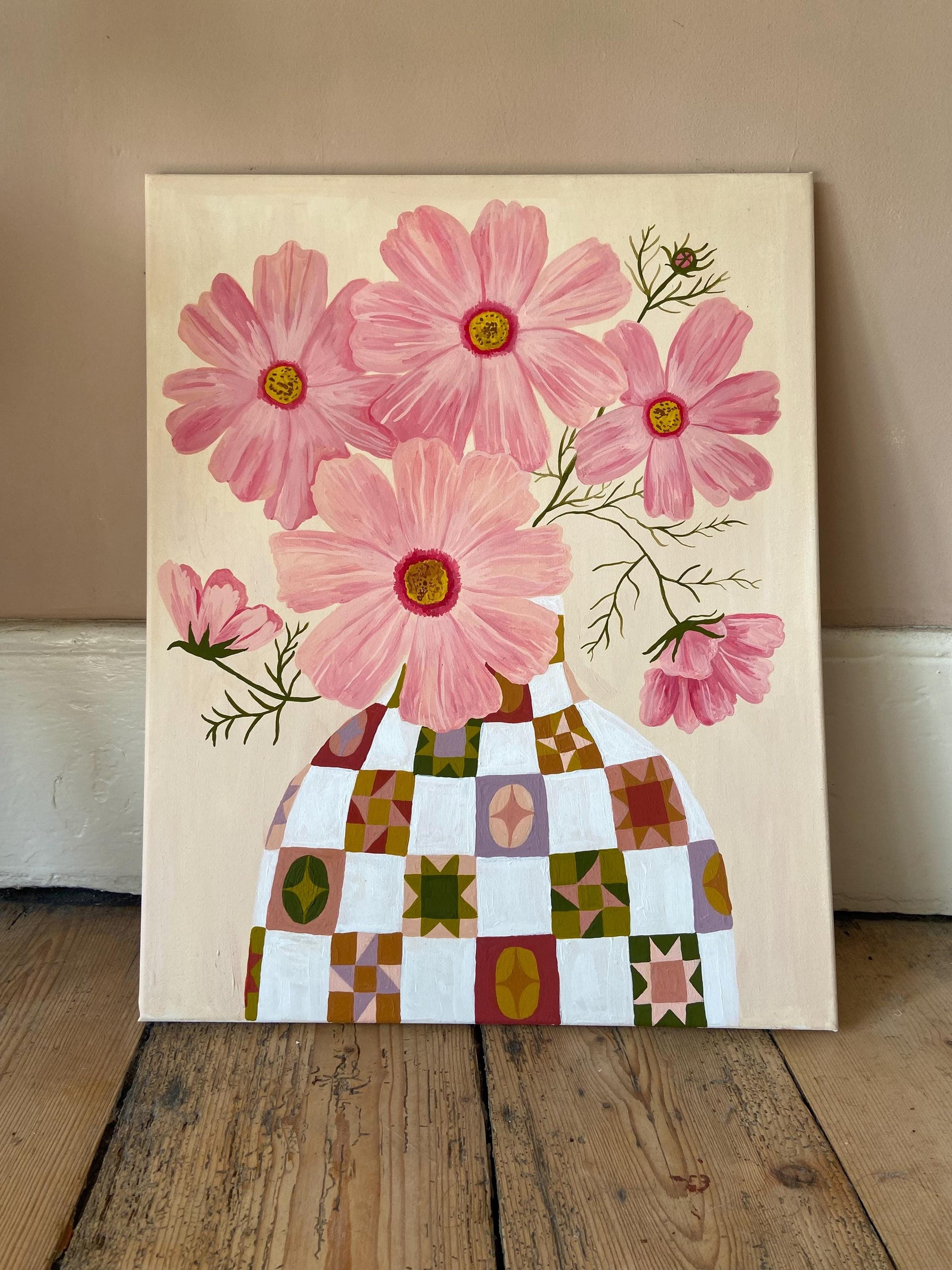 Cosmos Painting | Acrylic Gouache Floral Art, Quilt Vase