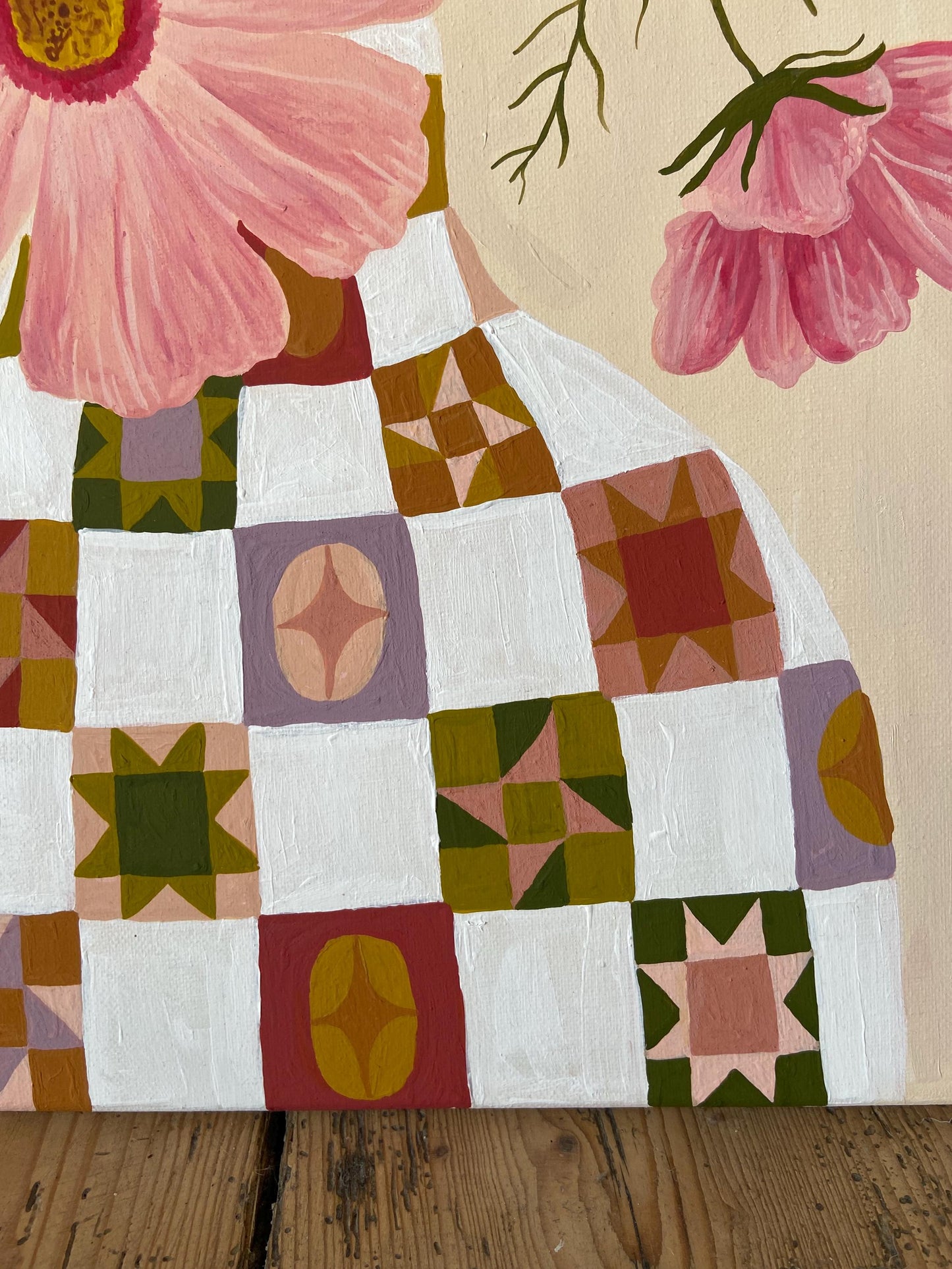 Cosmos Painting | Acrylic Gouache Floral Art, Quilt Vase