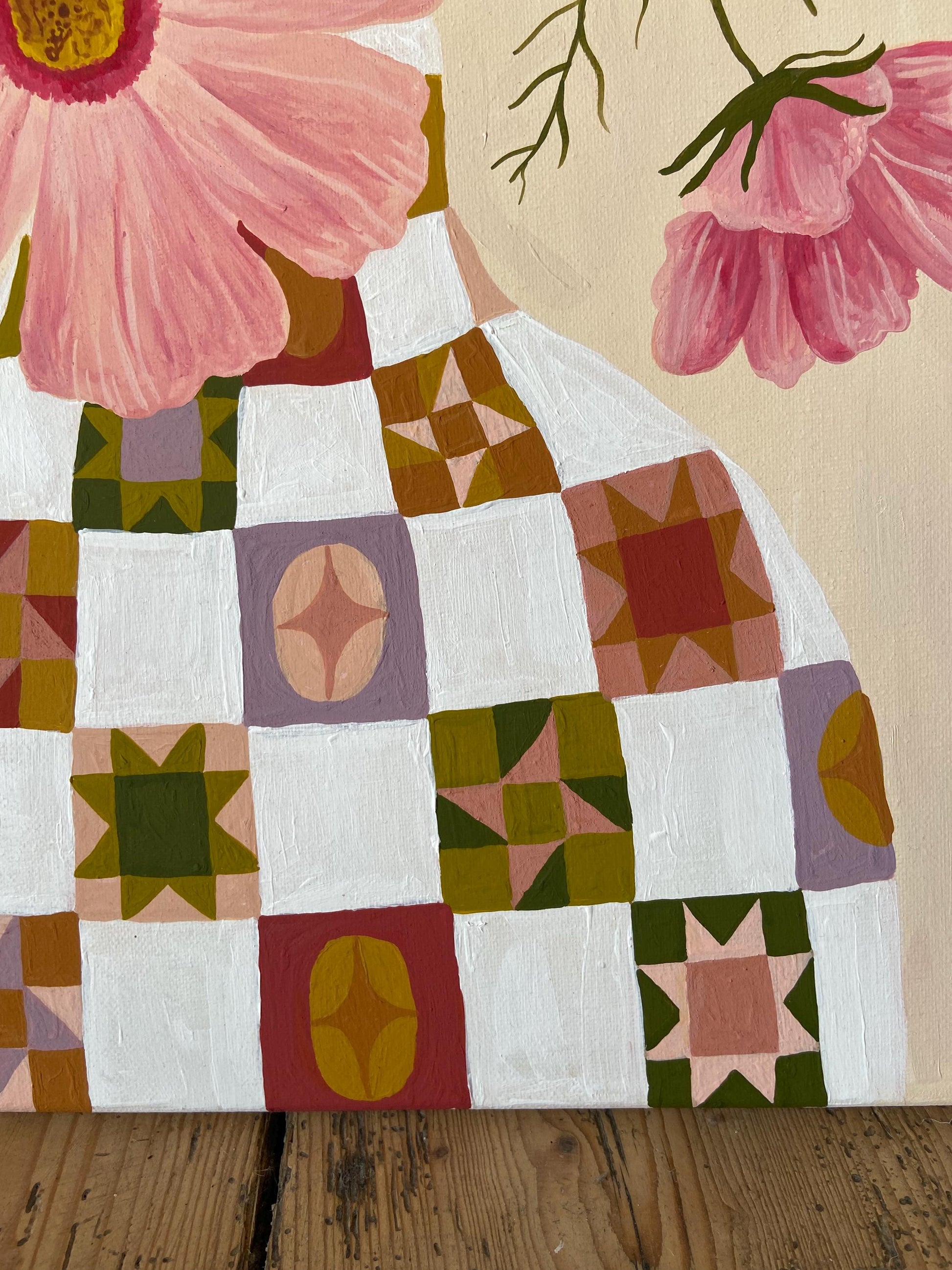 Cosmos Painting | Acrylic Gouache Floral Art, Quilt Vase
