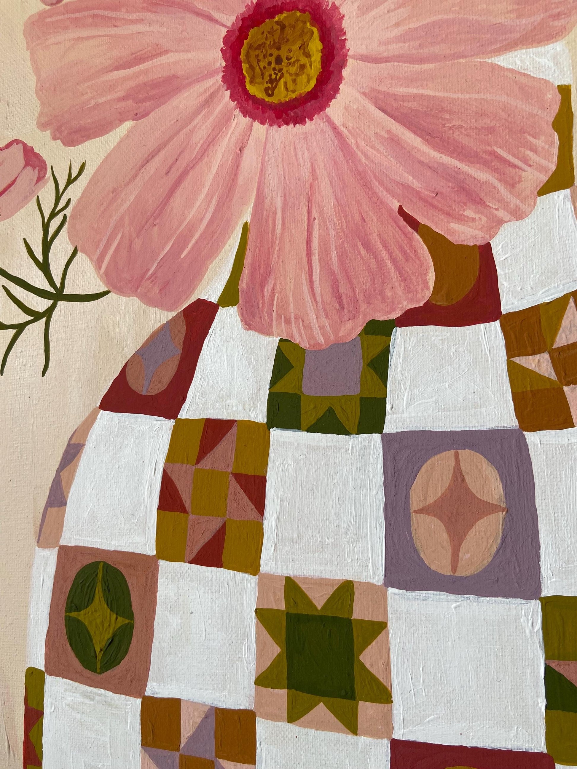 Cosmos Painting | Acrylic Gouache Floral Art, Quilt Vase