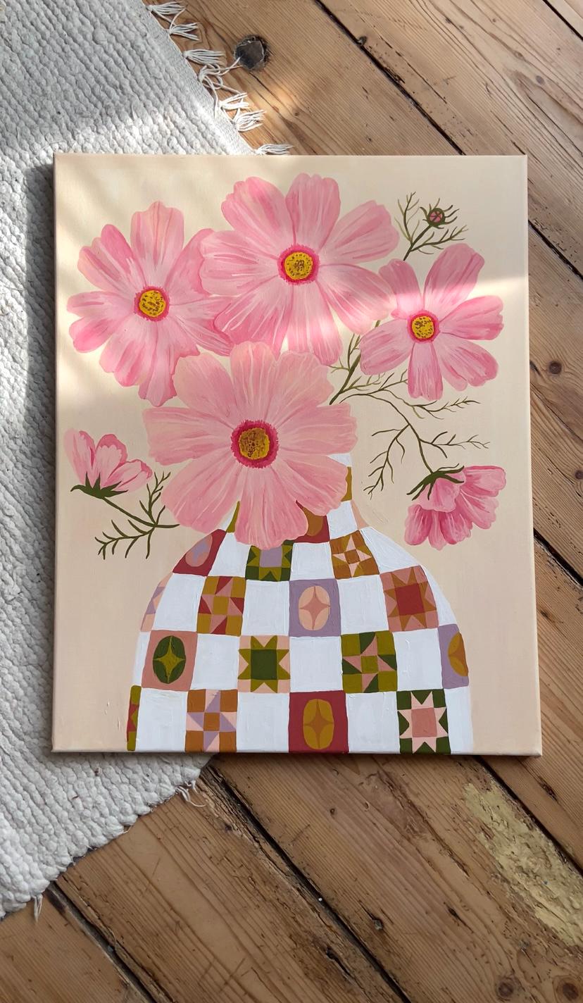 Cosmos Painting | Acrylic Gouache Floral Art, Quilt Vase