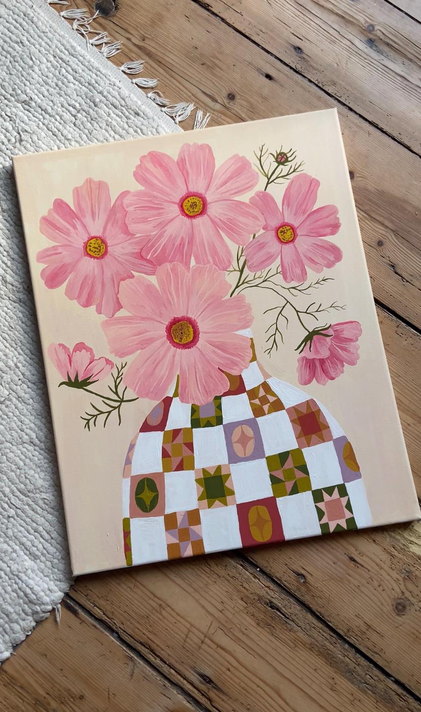 Cosmos Painting | Acrylic Gouache Floral Art, Quilt Vase