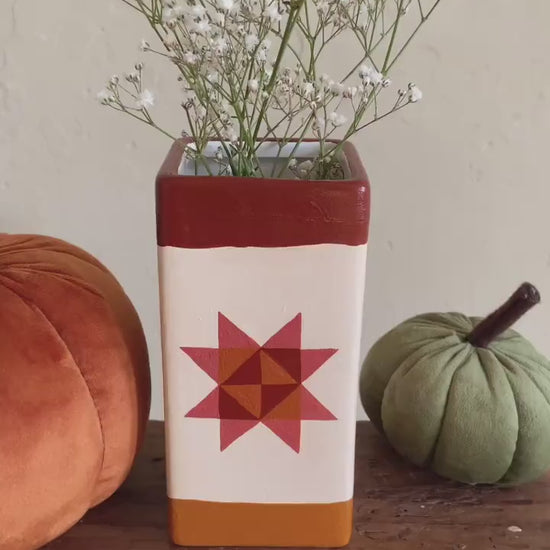 Hand Painted Ceramic Vase – Sawtooth Star Quilt Design, Autumn Decor
