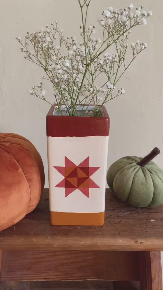 Hand Painted Ceramic Vase – Sawtooth Star Quilt Design, Autumn Decor