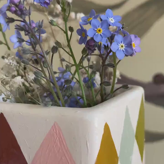 Hand Painted Harlequin Ceramic Vase – Checkerboard, Diamond, Colourful, Warm Rainbow