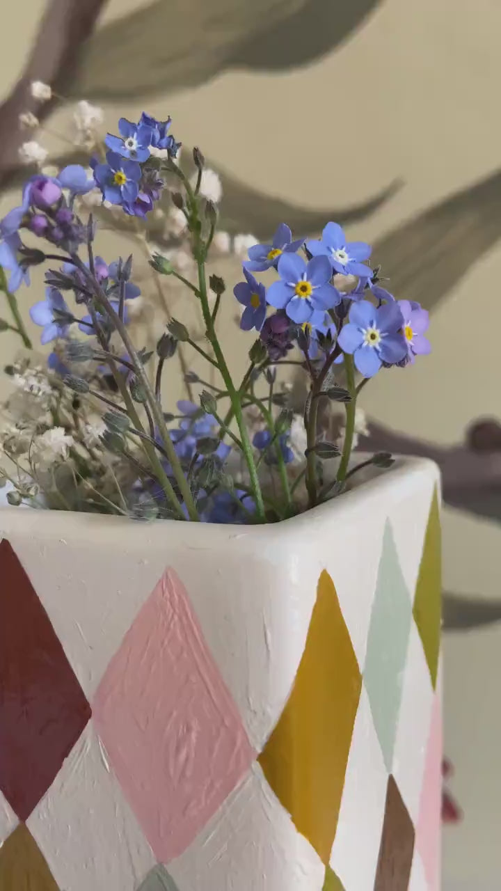 Hand Painted Harlequin Ceramic Vase – Checkerboard, Diamond, Colourful, Warm Rainbow
