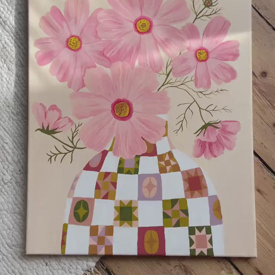 Cosmos Painting | Acrylic Gouache Floral Art, Quilt Vase