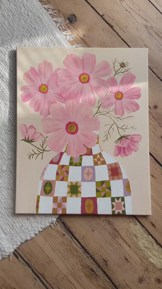 Cosmos Painting | Acrylic Gouache Floral Art, Quilt Vase