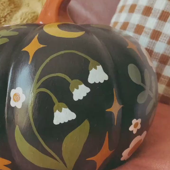 Hand Painted Ceramic Pumpkin – Floral Mushroom Folk Art Decor