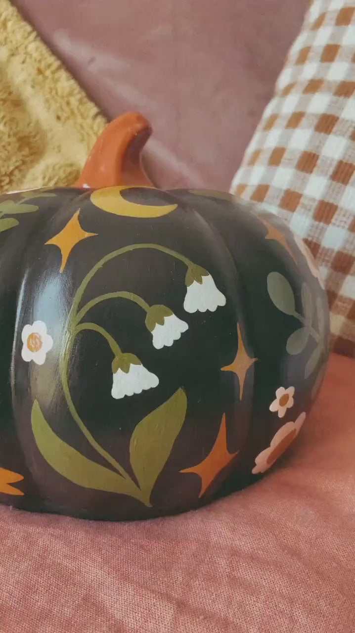 Hand Painted Ceramic Pumpkin – Floral Mushroom Folk Art Decor