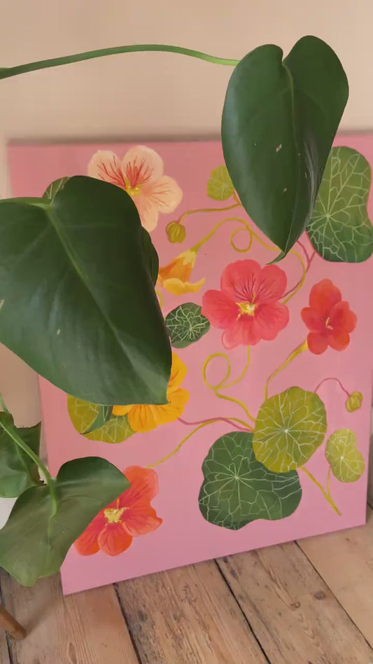 Original Nasturtium Painting on Canvas | Acrylic Gouache Floral Art
